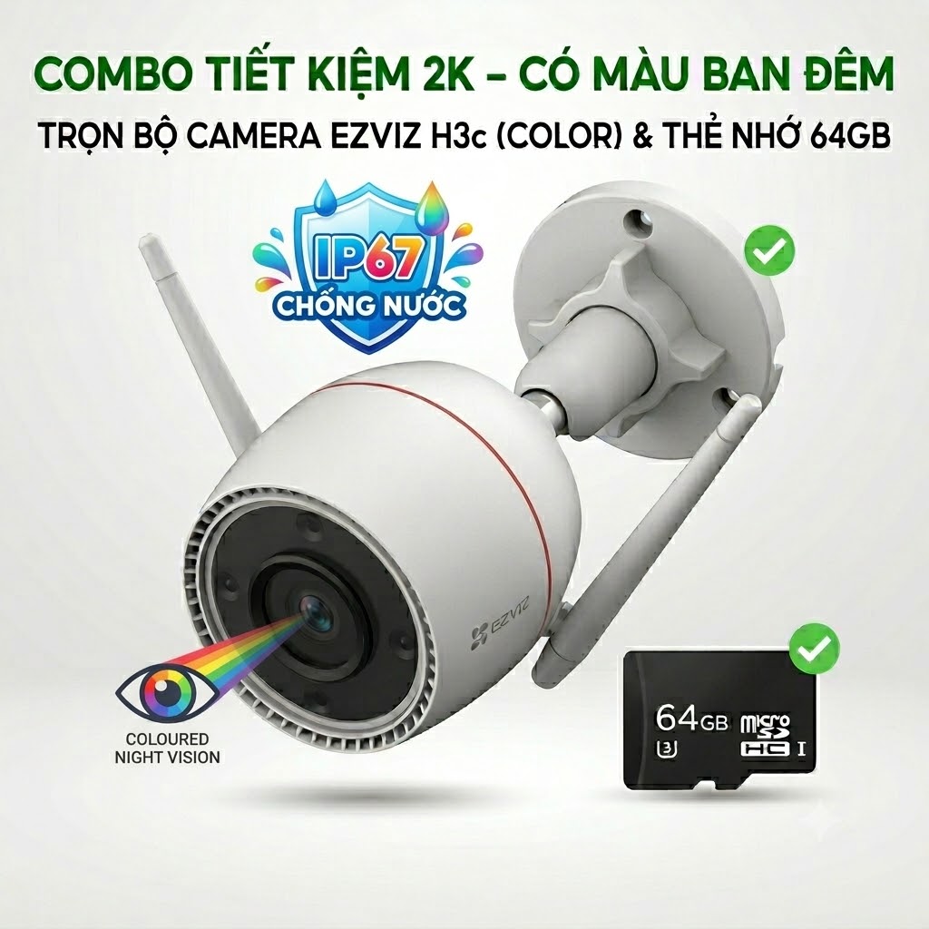 Combo lắp đặt TIẾT KIỆM trọn bộ camera ngoài trời EZVIZ H3C 2K color, thẻ nhớ 64GB